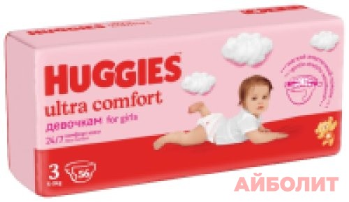ПОДГУЗНИКИ HUGGIES ULTRA COMFORT(Р3) 5кг-9кг №56 Д/ДЕВ (JUMBO)