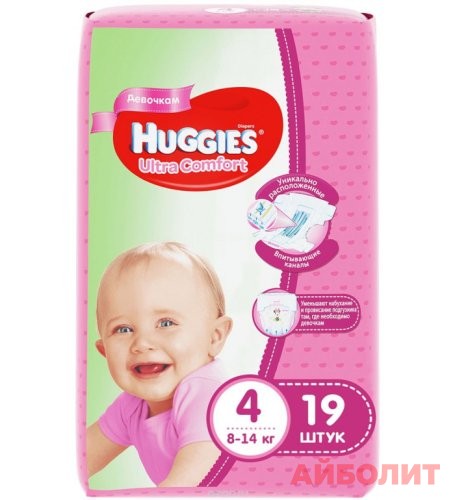 ПОДГУЗНИКИ HUGGIES ULTRA COMFORT(Р4) 8кг-14кг №19 д/дев