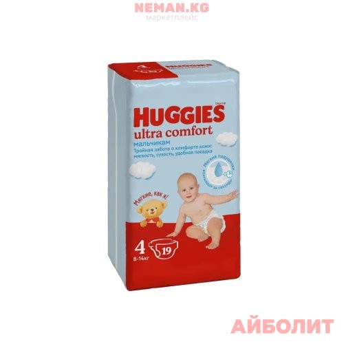 ПОДГУЗНИКИ HUGGIES ULTRA COMFORT(Р4) 8кг-14кг №19 д/маль