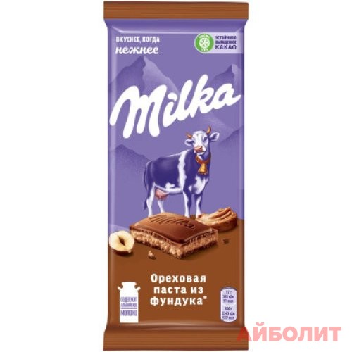 ШОКОЛАД ПЛИТ ""MILKA"" 85гр ОРЕХОВАЯ ПАСТА ИЗ ФУНДУКА